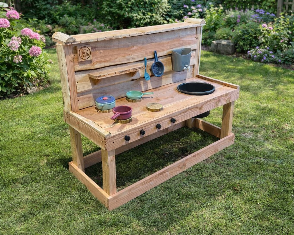 Kinderen spelen met een houten modderkeuken in de tuin