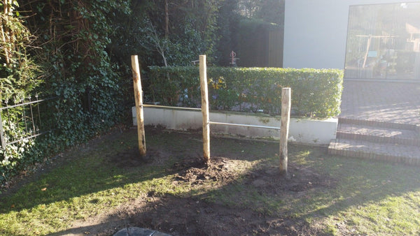 Compleet dubbel tuimelrek naast een houten speelhuisje
